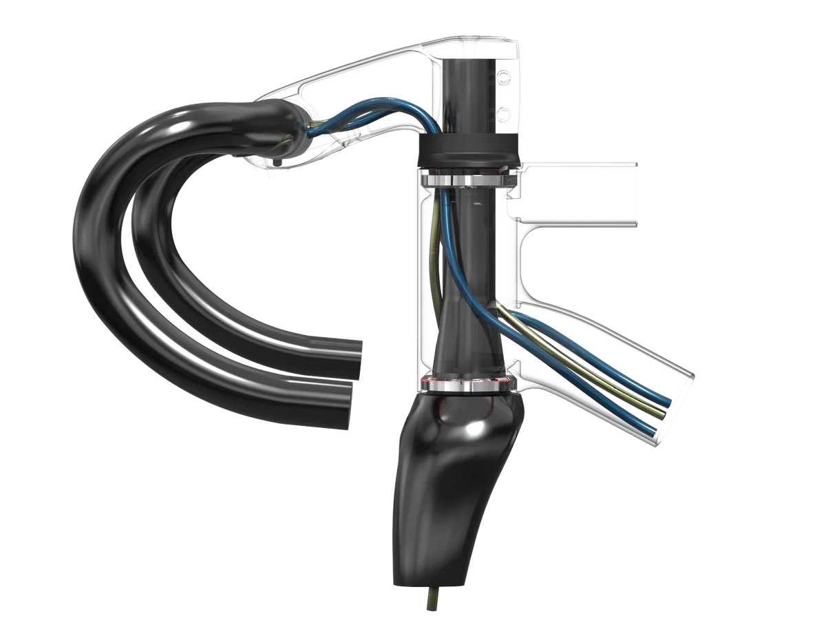 3D render of a bicycle headset and handlebar, showing internal cable routing through the steerer tube