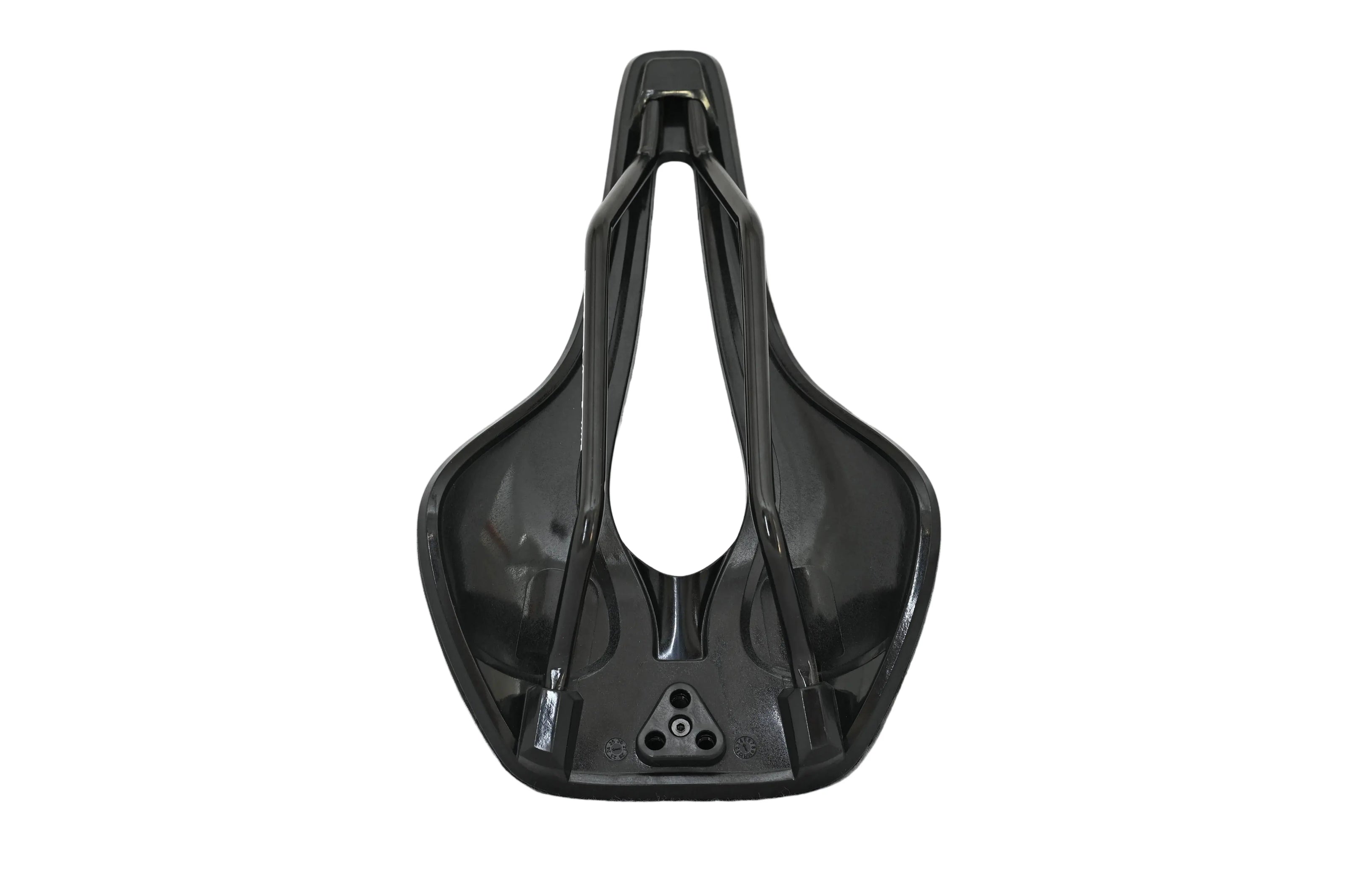 Valois Vael road saddle from underneath, showing the shell and rail mounts