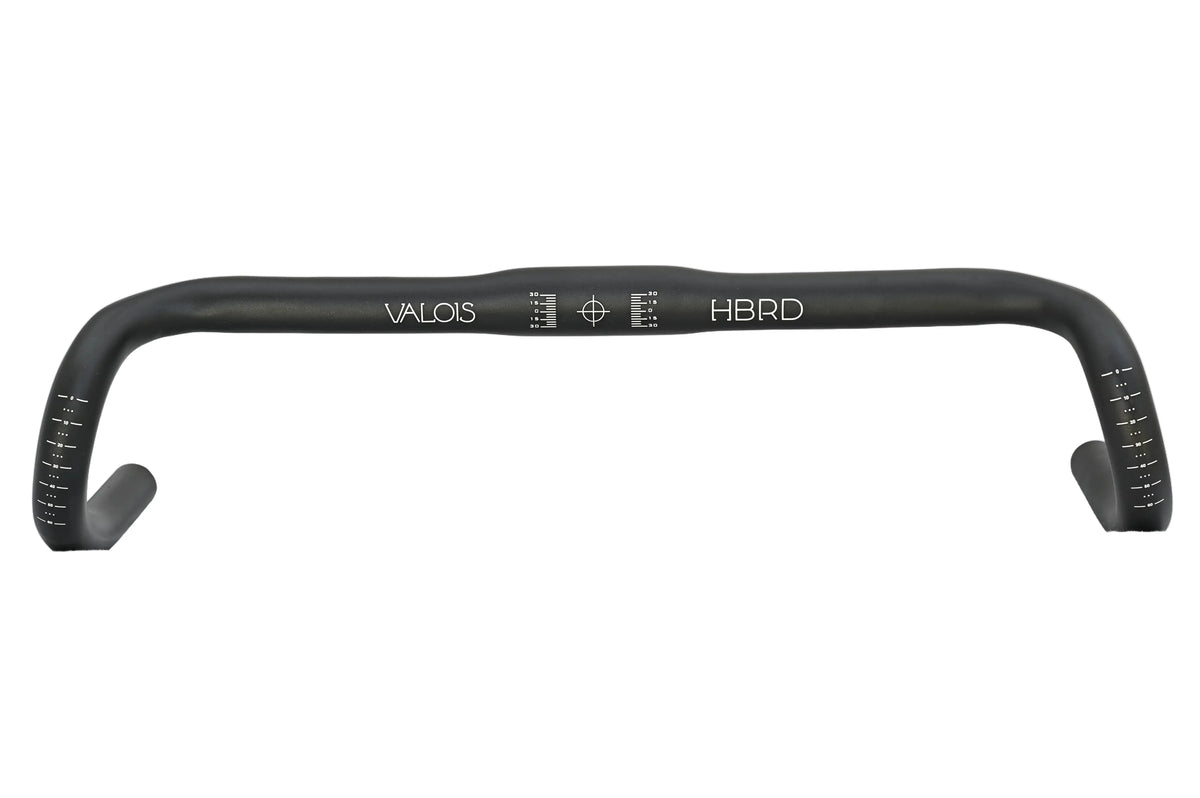 Valois Aˣ HBRD aluminium handlebar from the front, with the VALOIS HBRD logo on the top section