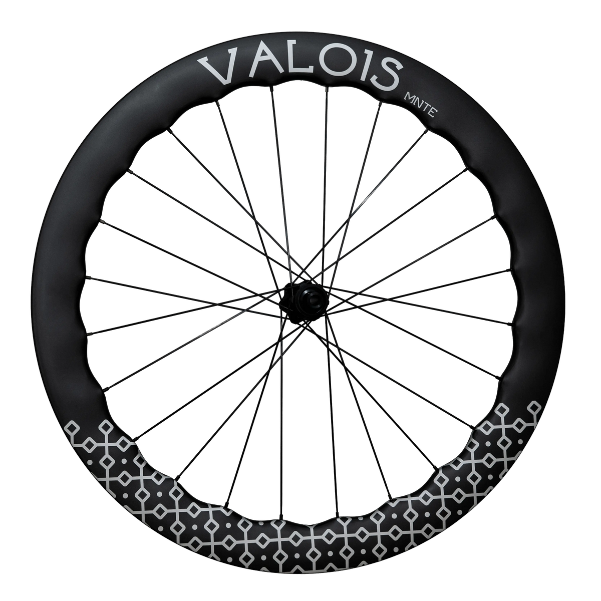 Valois MNTE 60 carbon wheel, full side view showing the deep aero rim profile