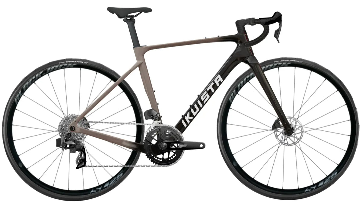 IKUISTA Spektri carbon endurance road bike in Stone Taupe with SRAM Rival AXS, drive side view