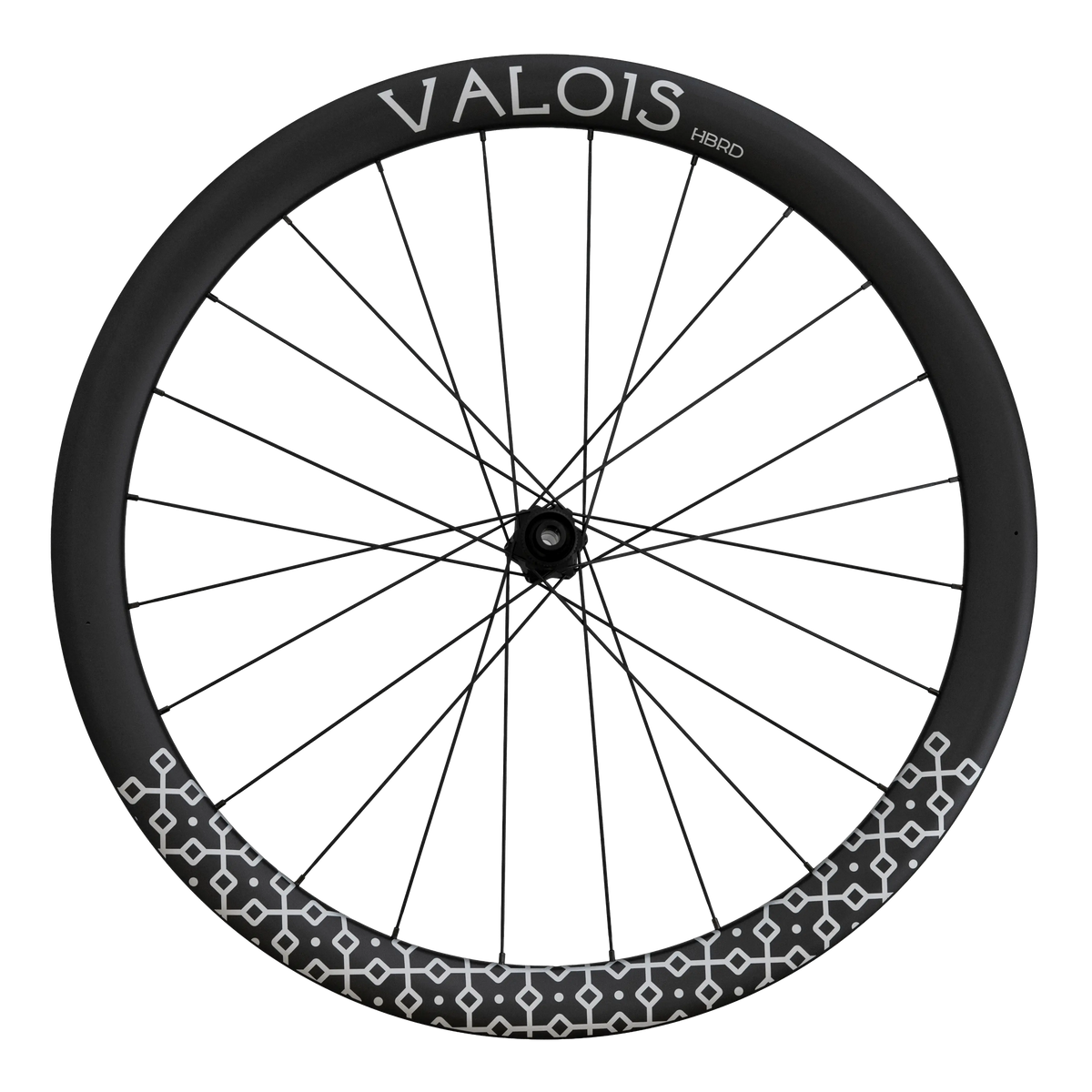 Valois HBRD 45 carbon wheel, full side view with the patterned rim wall