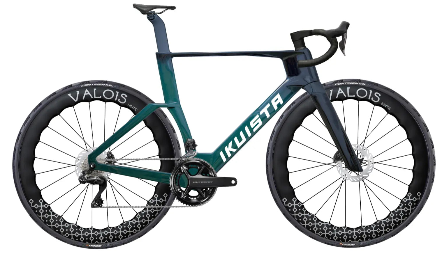 IKUISTA Vektori carbon aero road bike in Midnight Pine with Shimano Ultegra Di2, drive side view