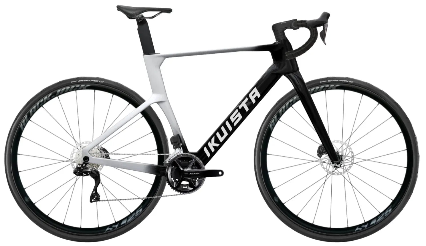 IKUISTA Fluxi carbon road bike in Nordic Alloy with Shimano 105 Di2, drive side view