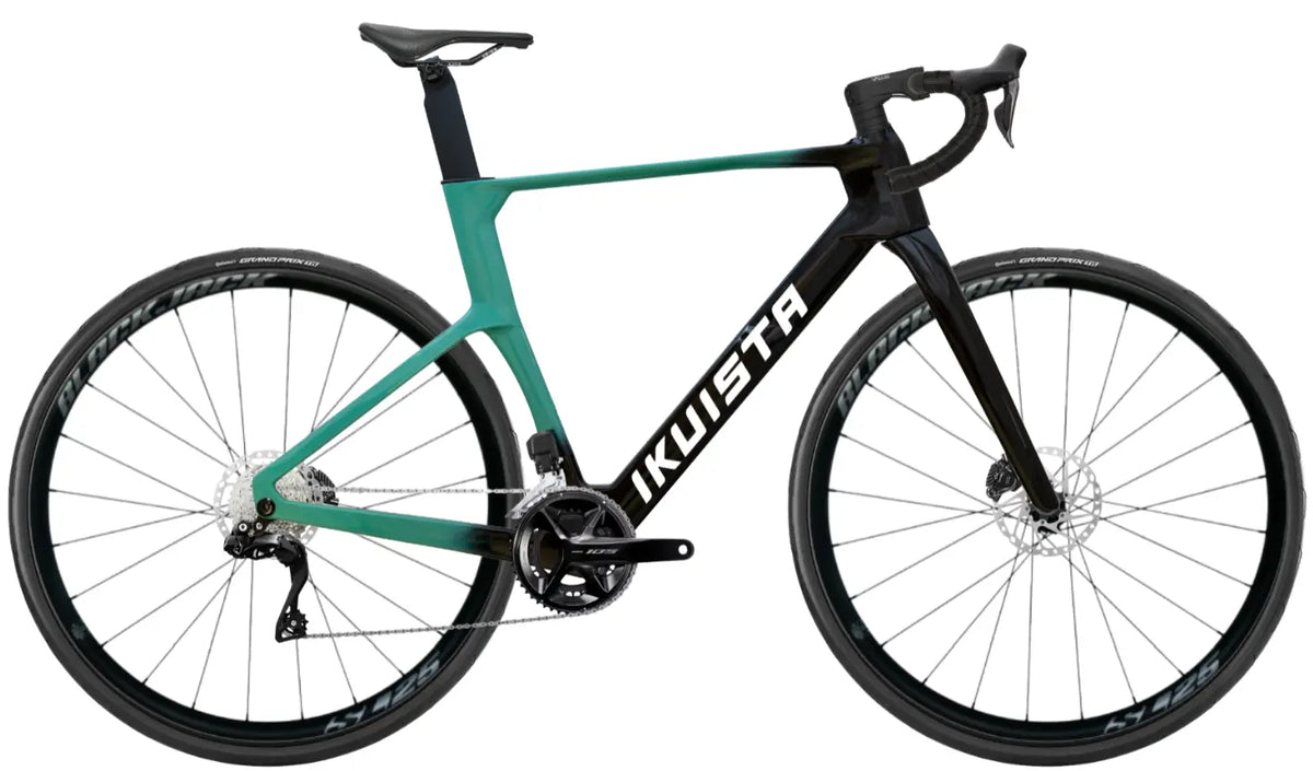 IKUISTA Fluxi carbon road bike in Glacier Teal with Shimano 105 Di2, drive side view