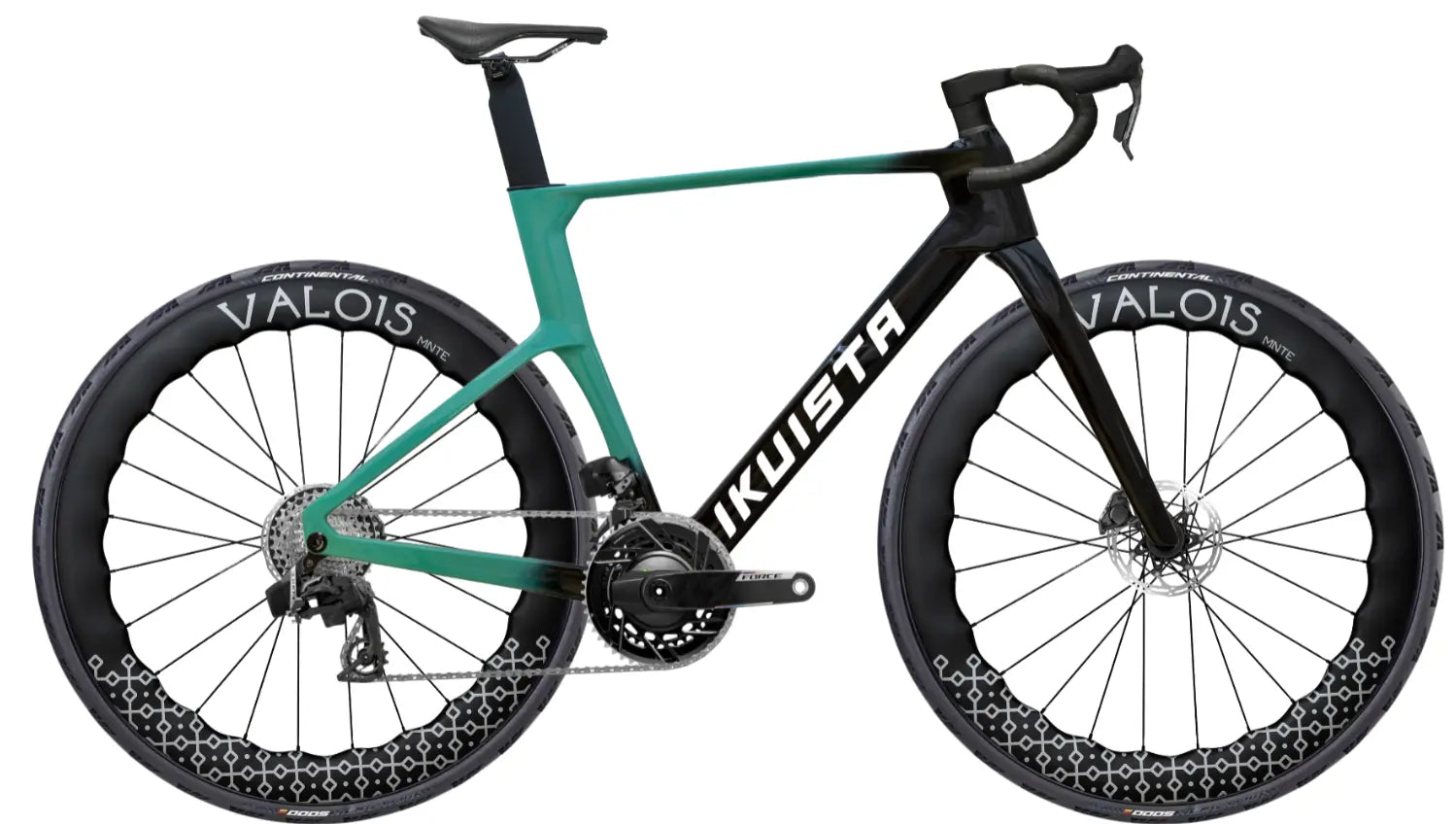 IKUISTA Fluxi carbon road bike in Glacier Teal with SRAM Force AXS and Valois deep-section carbon wheels