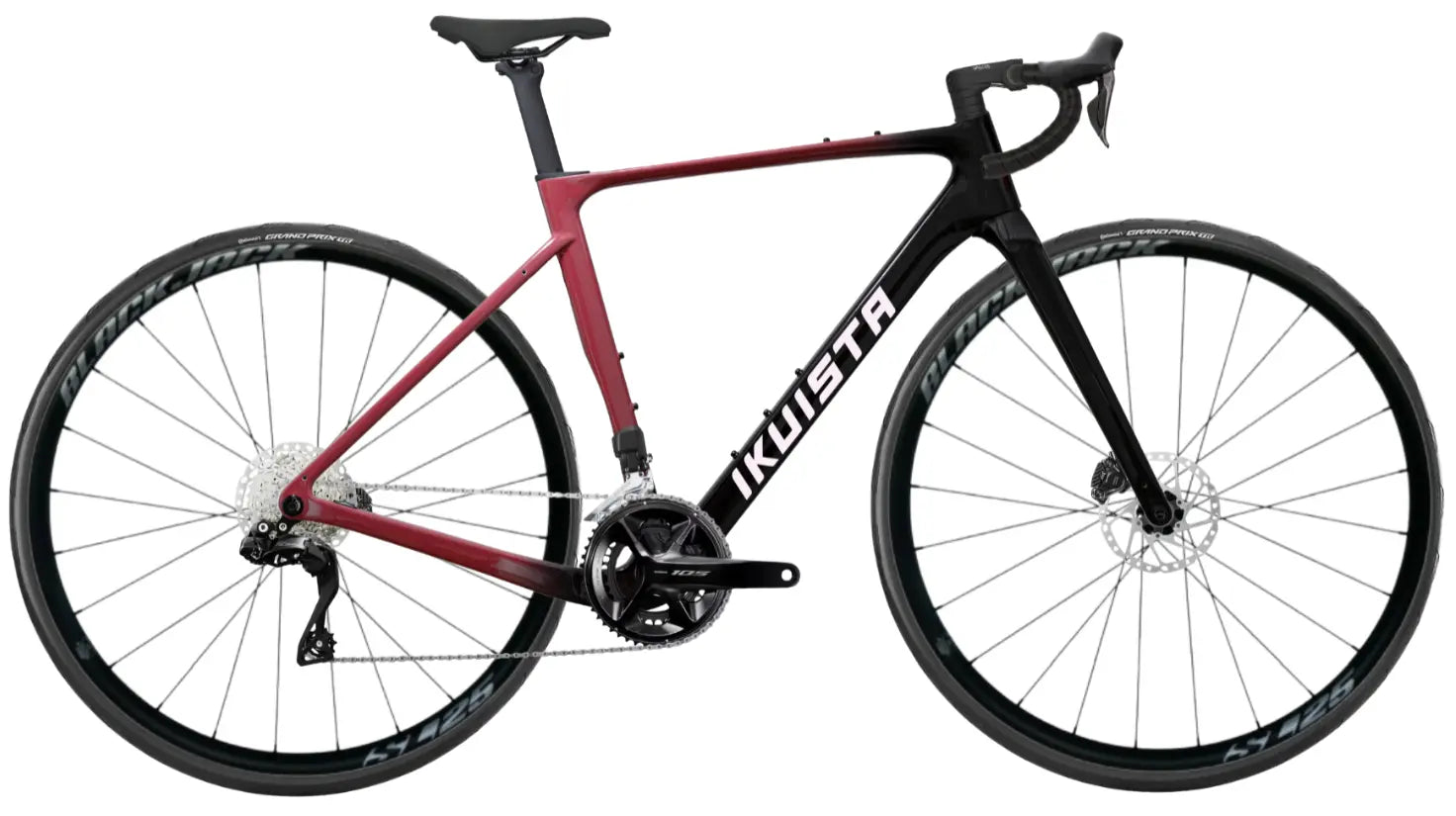 IKUISTA Spektri carbon endurance road bike in Oxide Red with Shimano 105 Di2, drive side view