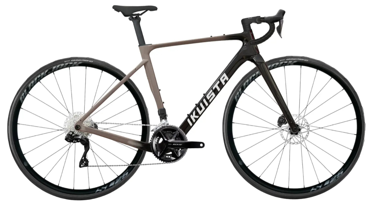 IKUISTA Spektri carbon endurance road bike in Stone Taupe with Shimano 105 Di2, drive side view