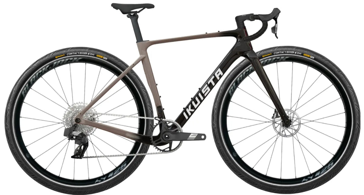 IKUISTA Spektri all-road bike in Stone Taupe with SRAM Apex XPLR AXS and wide gravel tyres