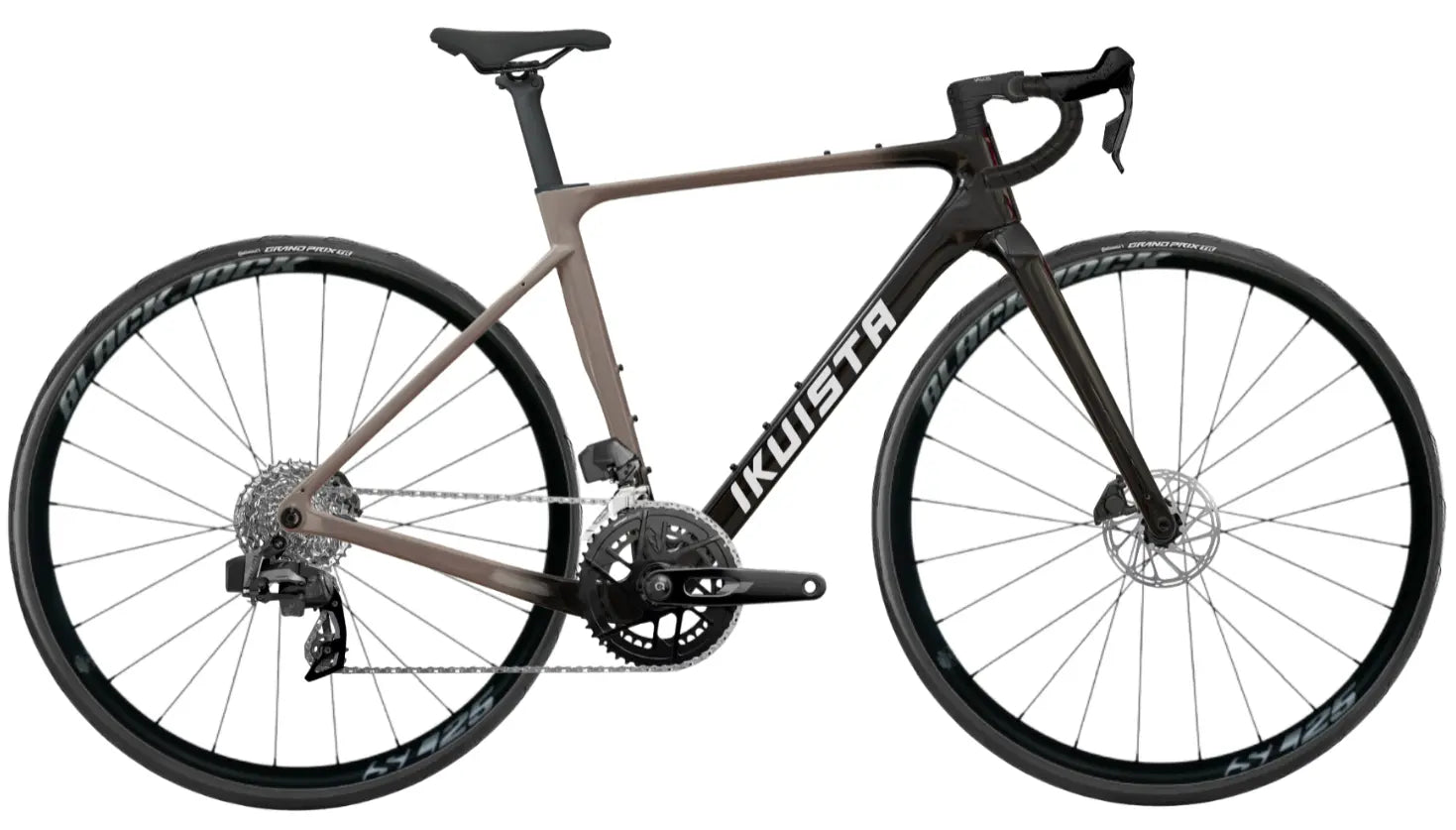 IKUISTA Spektri carbon endurance road bike in Stone Taupe with SRAM Rival AXS, drive side view