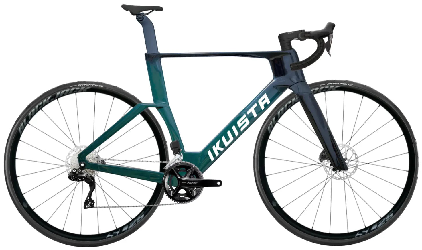 IKUISTA Vektori carbon aero road bike in Midnight Pine with Shimano 105 Di2, drive side view